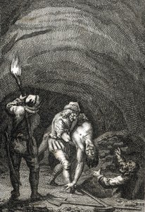 Morte de Guilherme II da Holanda morto pelos frísios, que secretamente o enterraram sob o chão de uma casa Gravura de Johann Michael Mettenleiter (1765-1853) 1800 Coleção particularfinlandês