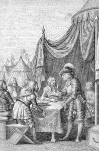 Bavieren keisari Ludvig IV (1282-1347) upseeriensa kanssa Muhldorfin (tai Ampfingin) taistelussa 28. syyskuuta 1322 (Louis IV, Pyhän Rooman keisari Muhldorfin taistelussa 28. syyskuuta 1322 Ampfing Heathilla) Johannin kaiverrus Michael Mettenleite