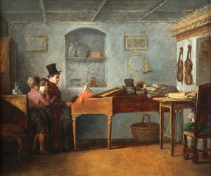 Koulumestari poikien kanssa laulamassa pianoparissa Johann Michael Neder