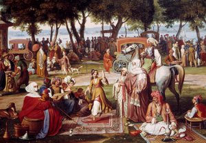 Makean veden Aasia Konstantinopolissa - Makeaa asumista: ryhmä miehiä ja naisia tupakoimassa, tanssimassa - Johann Wittmerin (1802-1880) maalaus 1837 Yksityiskohta - München, Neue Pinakothek tekijältä Johann Michael Wittmer
