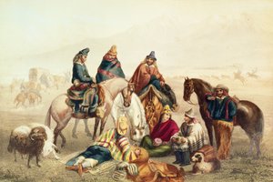 Chilen rustiikan puvut, kuvitus Claudio Gayn historiasta "Historia de Chile", kaiverrus Laemlein, 1854 tekijältä Johann Moritz Rugendas