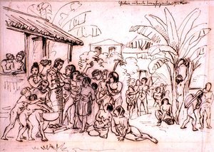 Intiaanit vierailemassa kartanolla Brasiliassa, n. 1825 (kynä ja ruskea muste kynällä) tekijältä Johann Moritz Rugendas