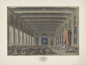 Kuningas Vilhelm I perusti kenraalivaltiot Brysselissä 21. syyskuuta 1815 Kaksitoista levyä William I:n saapumisesta ja virkaanastumisesta Brysseliin sekä Quatre-Brasin ja Waterloon taisteluista vuonna 1815 (sarjan nimi) tekijältä Johann Nepomuk Gibèle (possibly)