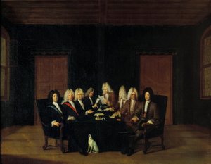 Espanjan perintösota: "" Valtuutetut kokoontuivat Marechalin Villarsin herttua ja Savoy-Carignanin prinssi Eugene (Savoie Carignan, Soissonsin kreivi (1663-1736) ympärille rauhankongressissa Bordenissa 7.9.1714" ” Johan Rudolin maalaus tekijältä Johann Rudolph the Elder Huber