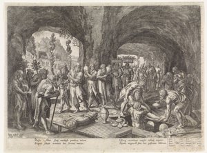Adamin hautaaminen Setin perheen historia / Hyvän ja huonon tuomitseminen (sarjan nimi) Bonorum et Malorum consensio (sarjan nimi) tekijältä Johann Sadeler (I)