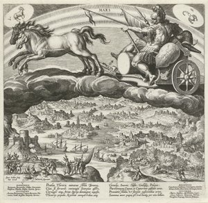 Mars-planeetta ja sen vaikutus maailmaan The Seven Planets (sarjan nimi) Planetarum effectus et eorum in signis zodiac (sarjan nimi) tekijältä Johann Sadeler (I)