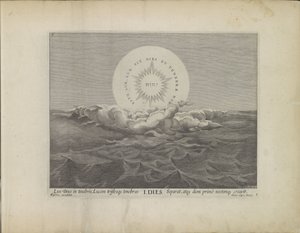 Eerste scheppingsdag: scheiding van licht en darknessen Schepping van de wereld (sarjan nimi) Tämä on pronssilevyissä ilmaistun Vanhan ja Uuden testamentin pyhän historian raamatullinen teatteri (sarjan nimi) tekijältä Johann Sadeler (I)