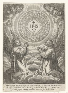 Enkelit palvovat Kristuksen monogrammia tekijältä Johann Sadeler (I)