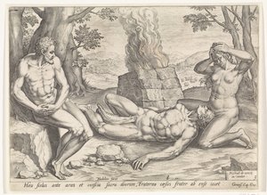 Eeva suree Abelin kuolemaa Kainin ja Abelin historia (sarjan nimi) tekijältä Johann Sadeler (I)
