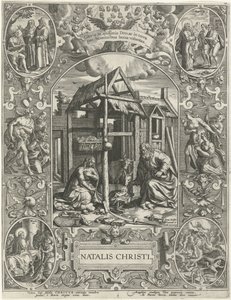 Syntymä: Joulu Natalis Christi (otsikko esineessä) Neljä tärkeintä kristillistä juhlapäivää (sarjan nimi) tekijältä Johann Sadeler (I)