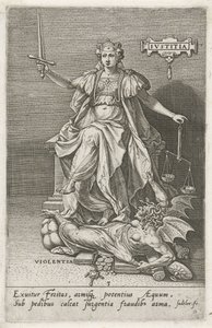 Oikeus (Justitia) voittaa väkivallan (Violentia) Oikeus (otsikko esineessä) Hyveet voittivat paheet (sarjan nimi) tekijältä Johann Sadeler (I)