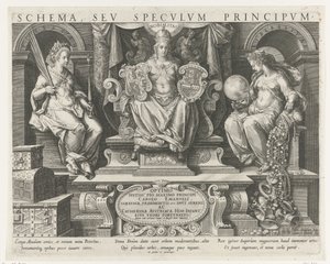 Auktoriteetti (Potestas), Prestige (Nobilitas) ja hyväntahtoisuus (Liberalitas) Otsikkoprintti sarjalle prinssin ominaisuuksista Prinssin päätoiminnat (sarjan nimi) Schema, seu speculum principum (sarjan nimi) Aikataulu, sev specvlvm tekijältä Johann Sadeler (I)