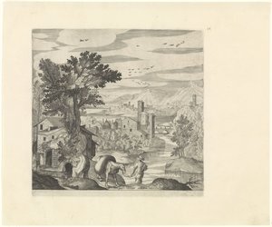 Maisema maanviljelijän ja hänen aasinsa kanssa Italian maisemat (sarjan nimi) tekijältä Johann Sadeler (I)