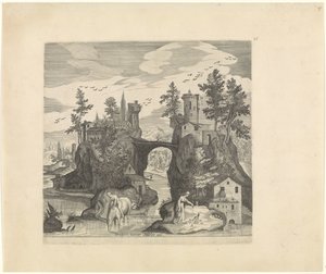 Maisema kahdella saarella Italian maisemat (sarjan nimi) tekijältä Johann Sadeler (I)