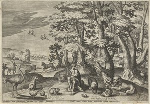 Orpheus tekee musiikkia eläimille Maisemat mytologisilla kohtauksilla (sarjan nimi) tekijältä Johann Sadeler (I)