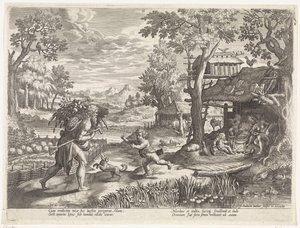 Set tervehtii Adamia hänen palattuaan kentältä Set-perheen historia / Oikean ja väärän tuomitseminen (sarjan nimi) Bonorum et Malorum consensio (sarjan nimi) tekijältä Johann Sadeler (I)