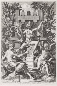 Bacchus istuu tynnyrillä Amorin ja musiikin välissä, n. 1590.