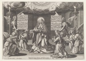 Magnificat: Neitsyt musiikkia tekevien enkelien ympäröimänä, 1585. tekijältä Johann Sadeler I