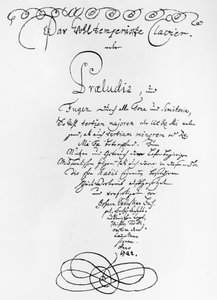 Käsinkirjoitettu The Well Tempered Piano, 1722 otsikkosivu (kynä ja muste paperille)