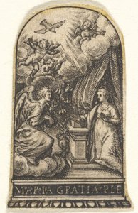 Marian ilmestys, Maria polvistuu puhujapuheluun Gabrielin lähestyessä pilven päällä ..., n. 1580-1600.