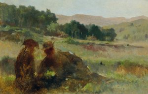 Maisema metsästäjän ja koiran kanssa