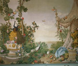 Puutarhakuva, jossa on riikinkukko ja teltta Schönbrunnin palatsin puutarhahuoneessa ... tekijältä Johann Wenzel Bergl