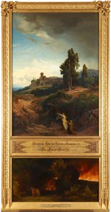 Abrahams Bitte für Sodom (oben). Die Flucht Lots (unten). Aus dem Zyklus "Zwölf biblische Landschaften mit der Geschichte Abrahams" tekijältä Johann Wilhelm Schirmer