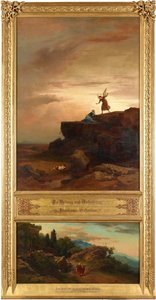 Pelastus ja lupaus (ylhäällä). Aabrahamin ja Iisakin matka uhrauspaikalle (alhaalla). Teoskuvasta ”Kaksitoista raamatullista maisemaa Aabrahamin tarinasta” tekijältä Johann Wilhelm Schirmer