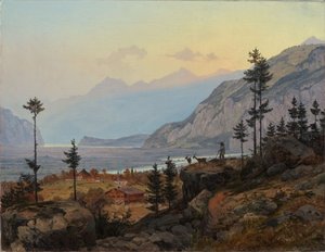 Sveitsiläinen alppimaisema, jossa on joki ja järvi tekijältä Johann Wilhelm Schirmer