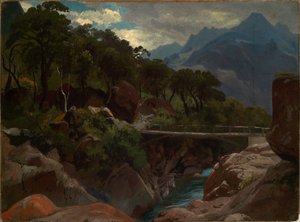 Sveitsiläinen vuoristojoki ja kävelysilta tekijältä Johann Wilhelm Schirmer