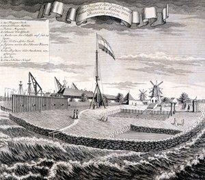 Hollannin Itä-Intian yrityksen puu- tai sahalaitos saarella kahden mailin päässä Bataviasta, pubista. 1744. tekijältä Johann Wolfgang Heydt