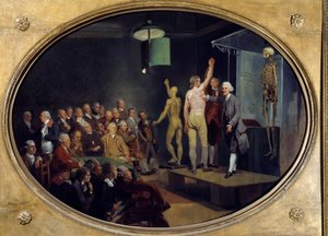 William Hunterin (1718-1783), skotlantilaisen Royal Academyn anatomin luento. Johann Zoffanyn (1733-1810) maalaus Ec. Ang.