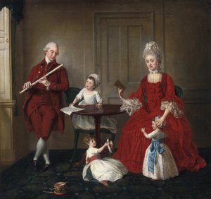 Rokokoo: Muotokuva herra ja rouva James Blew ja heidän kolme lastaan tyylikkäässä sisustuksessa par Johann Zoffany (Zauffelij) (1733-1810). 1660-1670, Öljy kankaalle, 75x80,3. Yksityinen kokoelma