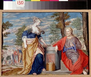 Kristus ja samarialainen nainen Jaakobin kaivolla. Kristus ja samarialainen nainen Jaakobin kaivolla. Johannes Koenigin (1586-1632/1635) maalaus. Saksalainen taide, barokkityyli. Guassi pergamentilla. Pushkinin taidemuseo, Moskova.
