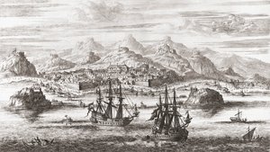 Hollantilaiset laivat Muscatin edessä Omanissa 1600-luvulla (tulostus) tekijältä Johannes (after) Kip