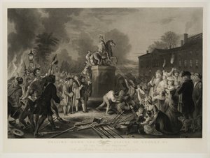 Yrjö III:n patsaan purkaminen, Sons of Freedom, Bowling Greenissä, New Yorkin kaupungissa, heinäkuussa 1770, kaivertanut John C. McRae, vuoden 1853 jälkeen