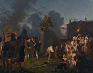 Kuningas Yrjö III:n patsaan kaataminen, New York.