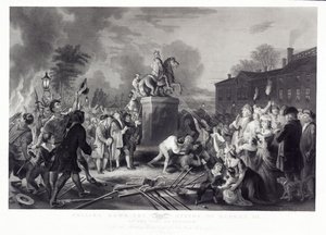 Yrjö III:n patsaan kaataminen Sons of Freedomin toimesta Bowling Greenissä, New Yorkin kaupungissa, heinäkuu 1776, pub. 1875 tekijältä Johannes Adam Simon after Oertel