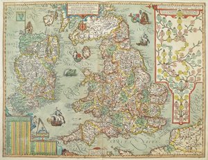 Vuonna 1606 piirretty Englannin ja Irlannin kartta (värillinen kaiverrus) tekijältä Johannes Baptista Vrints
