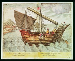 Kiinalainen roskaposti, kuvitus teoksesta "Jan Huyghen van Linschoten, His Course of Voyages into the East and West Indies", 1579-92 (kaiverrus)