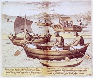 Veneitä Goassa, kuvitus teoksesta "Jan Hughen van Linschoten, His Discourse of Voyages to the East and West Indies", 1579-92