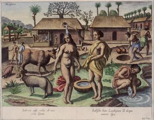 Elämä Goassa, kuvitus teoksesta "Jan Huyghen van Linschoten, His Discourse of Voyages to the East and West Indies", 1579-92 (värikaiverrus)