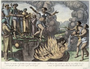 Sati, kuvitus teoksesta "Jan Huyghen van Linschoten, His Discourse of Voyages into the East and West Indies" (Jan Huyghen van Linschoten, Hänen kertomuksensa matkoista Itä- ja Länsi-Intiaan), 1579-92 (värikaiverrus).