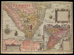Perun eteläkärki, Etelä-Amerikka, noin 1590 (käsin väritetty). tekijältä Johannes Baptista van the Younger Doetechum