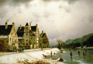 Talvinen jokimaisema, jossa taitoluistelijat jäällä kylän luona (öljy kankaalle) tekijältä Johannes Bartolomaus Duntze