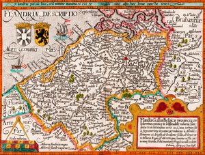 Flanderin kartta kartografi Matthias Quadin mukaan hänen "Fasciculus Geographicus" -teoksestaan, myöhemmin käsinvärjäys (värikaiverrus)