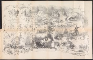 Sarjakuva Leidenin opiskelijaalmanakissa, 1856 Unia naamiaisillasta (otsikko esineessä)