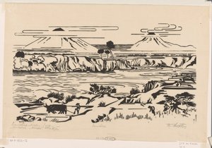 Maisema, Keski-Jaava: Merbaboe, Merapi, Ello-joki (alkuperäinen nimi esineessä) tekijältä Johannes Frederik Engelbert ten Klooster (signed by artist)