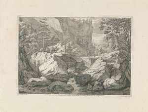 Näkymä vesiputoukselle Esite paikassa Monasterio vulgo dicto La Grande Chartreuse in Delphinatu (otsikko esineessä) Maisemat Chartreuzer-vuorilla (sarjan nimi) tekijältä Johannes Glauber