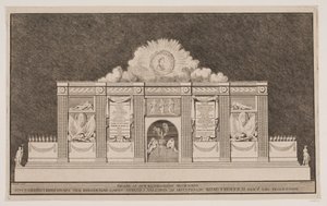 "Valaisujen julkisivukoristeen, jonka Banqven Kiøbenhavnissa pörssissä on pystyttänyt Hänen Majesteettinsa kuningas Friedrich V Liigin kulkueen kunniaksi" tekijältä Johannes Gottfred Bradt